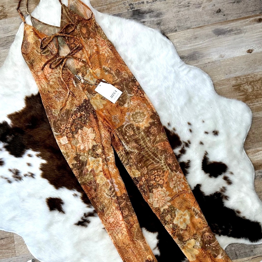 Misa Los Angles Jumpsuit-Orange Floral-Festival-Sheer-Mesh-NWT Sz:XS Ret$198.
